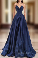 Dark Blue Satin Strapless Evening Prom Dresses