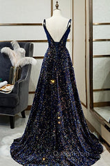 Dark Blue Sequin A Line Spaghetti Straps Bling Bling Evening Prom Dresses
