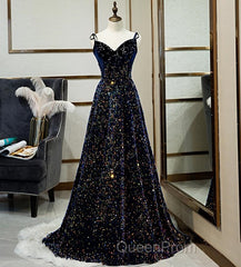 Dark Blue Sequin A Line Spaghetti Straps Bling Bling Evening Prom Dresses