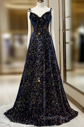 Dark Blue Sequin A Line Spaghetti Straps Bling Bling Evening Prom Dresses