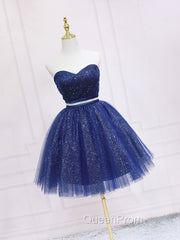 Dark Blue Sweetheart Neck Tulle Sequin Short Evening Prom Dresses Blue Puffy Homecoming Dresses