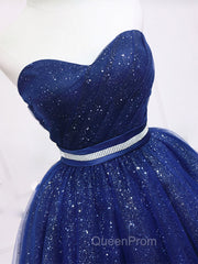 Dark Blue Sweetheart Neck Tulle Sequin Short Evening Prom Dresses Blue Puffy Homecoming Dresses