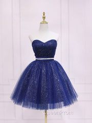 Dark Blue Sweetheart Neck Tulle Sequin Short Evening Prom Dresses Blue Puffy Homecoming Dresses