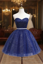 Dark Blue Sweetheart Neck Tulle Sequin Short Evening Prom Dresses Blue Puffy Homecoming Dresses
