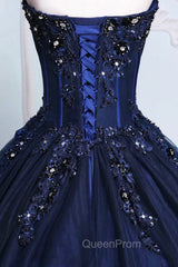 Dark Blue Tulle Lace Princess Dresses, A-Line Strapless Long Evening Prom Dresses