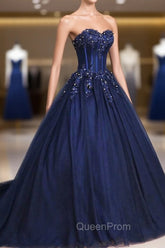 Dark Blue Tulle Lace Princess Dresses, A-Line Strapless Long Evening Prom Dresses