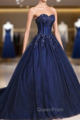 Dark Blue Tulle Lace Princess Dresses, A-Line Strapless Long Evening Prom Dresses