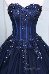 Dark Blue Tulle Lace Princess Dresses, Beautiful A-Line Strapless Long Evening Prom Dresses