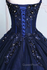 Dark Blue Tulle Lace Princess Dresses, Beautiful A-Line Strapless Long Evening Prom Dresses