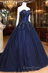 Dark Blue Tulle Lace Princess Dresses, Beautiful A-Line Strapless Long Evening Prom Dresses