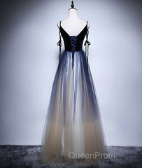 Dark blue tulle long Evening Prom Dresses, blue evening Dresses