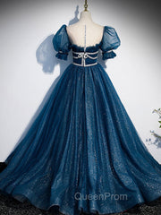 Dark Blue Tulle Long Evening Prom Dresses, Blue Tulle Sweet 16 Dresses