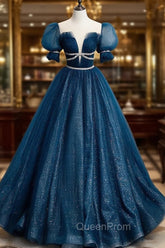 Dark Blue Tulle Long Evening Prom Dresses, Blue Tulle Sweet 16 Dresses