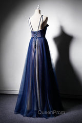 Dark Blue Tulle Long Evening Prom Dresses, Dark Blue Evening Dresses