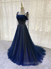 Dark Blue Tulle Sequin Long Evening Prom Dresses, Blue Tulle Evening Dresses