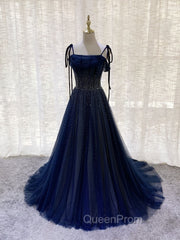 Dark Blue Tulle Sequin Long Evening Prom Dresses, Blue Tulle Evening Dresses
