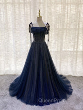 Dark Blue Tulle Sequin Long Evening Prom Dresses, Blue Tulle Evening Dresses
