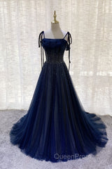 Dark Blue Tulle Sequin Long Evening Prom Dresses, Dark Blue Evening Dresses