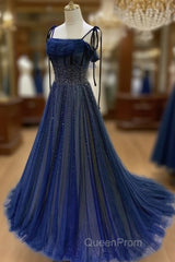 Dark Blue Tulle Sequin Long Evening Prom Dresses, Dark Blue Evening Dresses