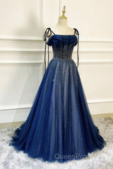 Dark Blue Tulle Sequin Long Evening Prom Dresses A Line Birthday Party Dresses