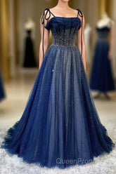 Dark Blue Tulle Sequin Long Evening Prom Dresses A Line Birthday Party Dresses