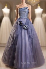 Dark Blue Tulle Strapless Pleats Flower Evening Prom Dresses