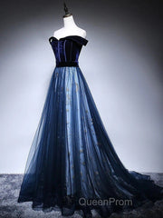 Dark Blue Tulle Velvet Long Evening Prom Dresses, Blue Evening Dresses
