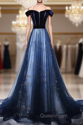 Dark Blue Tulle Velvet Long Evening Prom Dresses, Blue Evening Dresses