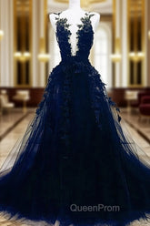Dark Blue Tulle With Lace Long Evening Dresses, A-line Dark Blue Evening Prom Dresses