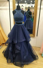 Dark Blue Two Pieces Beads Long Evening Prom Dresses, Formal Dresses