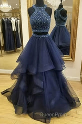 Dark Blue Two Pieces Beads Long Evening Prom Dresses, Formal Dresses