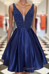 Dark blue v neck beads satin short Evening Prom Dresses, blue homecoming Dresses