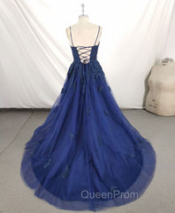 Dark Blue V Neck Tulle Lace Long Evening Prom Dresses Blue Lace Bridesmaid Dresses