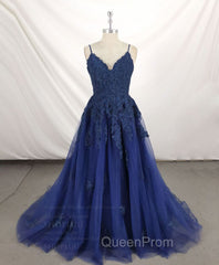 Dark Blue V Neck Tulle Lace Long Evening Prom Dresses Blue Lace Bridesmaid Dresses
