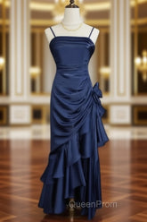 Dark Blue Vintage Floral Elegant Dresses Asymmetrical Hem Evening Prom Gown