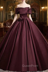 Dark Burgundy Satin Off the Shoulder Pleats Evening Prom Dresses