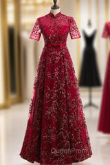 Dark Burgundy Tulle Sequins High Neck Short Sleeve Evening Prom Dresses