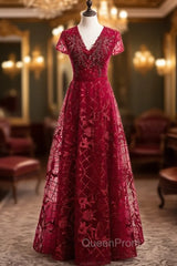 Dark Burgundy Tulle V-neck Cap Sleeve Beading Evening Prom Dresses