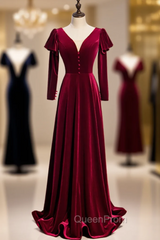 Dark Burgundy Velvet Long Sleeve V-neck Button Evening Prom Dresses