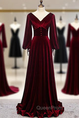 Dark Burgundy Velvet Long Sleeve V-neck Pleats Evening Prom Dresses