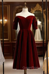 Dark Burgundy Velvet Off the Shoulder Short Sleeve Evening Prom Dresses