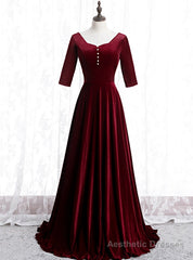 Dark Burgundy Velvet Short Sleeve Prom Dress With Pearls