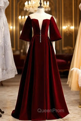 Dark Burgundy Velvet Short Sleeve See Through V-neck Evening Prom Dresses