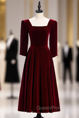 Dark Burgundy Velvet Square Half Sleeve Tea Length Evening Prom Dresses