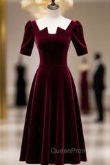 Dark Burgundy Velvet Square Short Sleeve Short Evening Prom Dresses