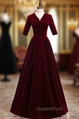 Dark Burgundy Velvet V-neck Short Sleeve Evening Prom Dresses
