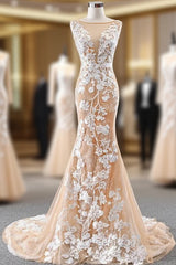 Dark Champagne Tulle Mermaid Lace Appliques Evening Prom Dresses