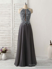 Dark Gray Sequin Beads Long Prom Dress Backless Evening Dress