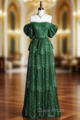 Dark Green A Line Off-the-shoulder Layered Shiny Tulle Evening Prom Dresses