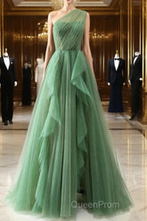 Dark Green A-Line One-Shoulder Sequins Tulle Long Evening Prom Dresses